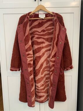 Anthropologie Margot Reversible Burnt Orange Red Zebra Sherpa Duster Coat Small